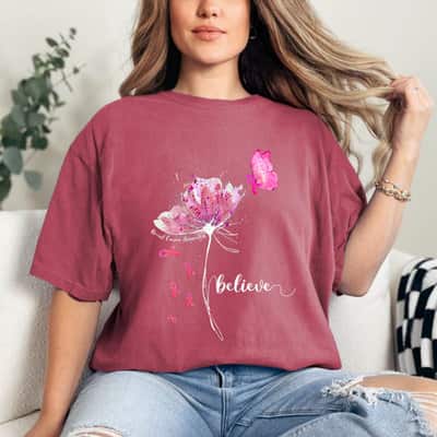 Believe Flower Butterfly Ribbon Breast Cancer Awareness T-Shirt