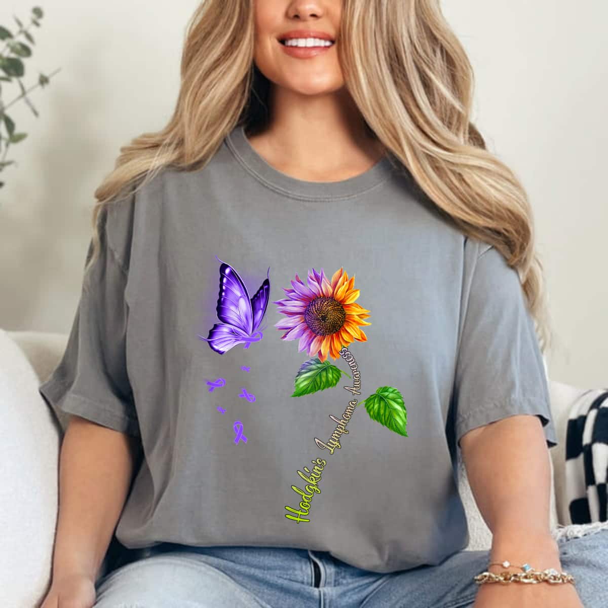 Purple Butterfly Sunflower Hodgkin's Lymphoma Awareness T-Shirt Purple Butterfly Sunflower Hodgkin's Lymphoma Awareness T-Shirt