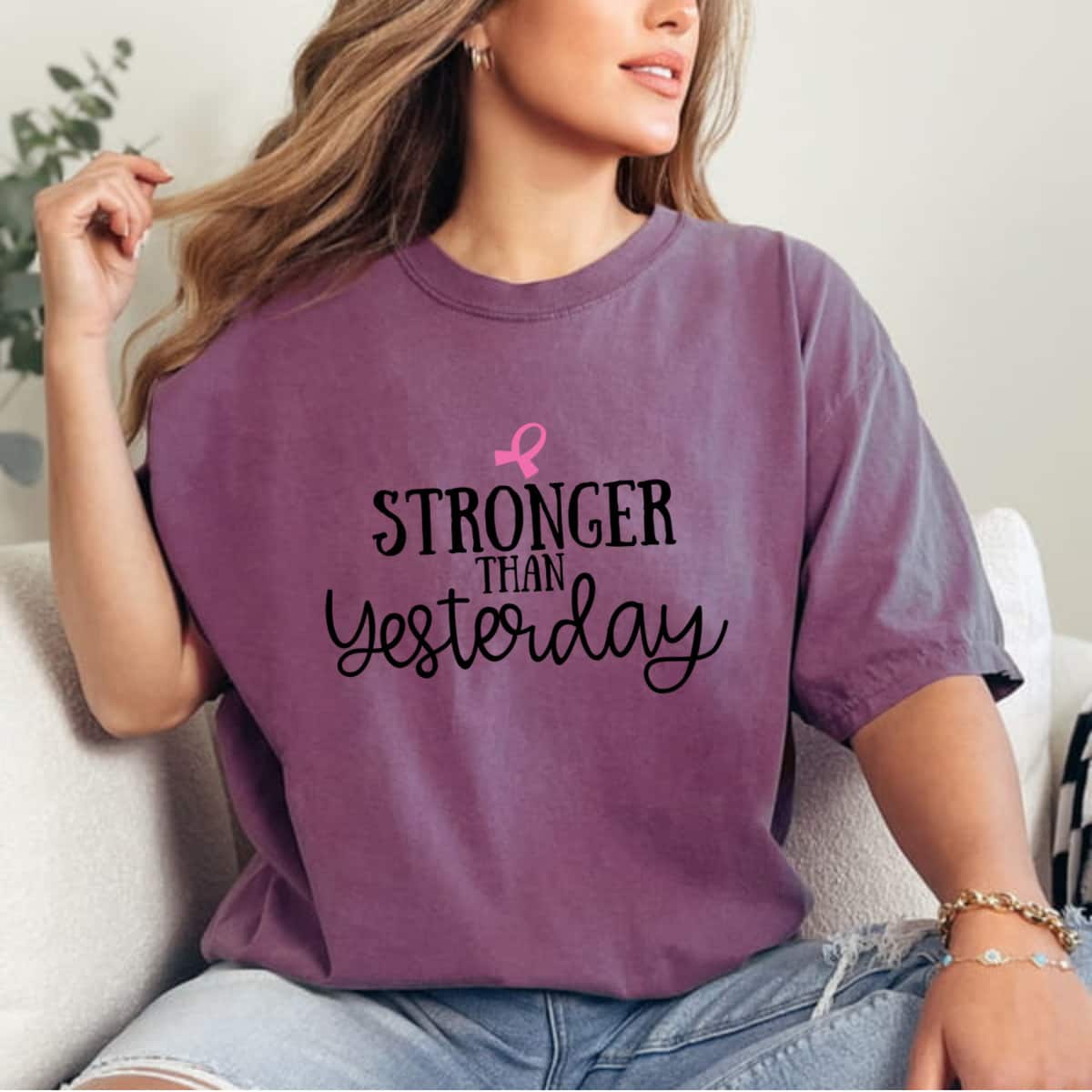 Stronger Than Yesterday Ribbon Breast Cancer Fighter T-Shirt Stronger Than Yesterday Ribbon Breast Cancer Fighter T-Shirt